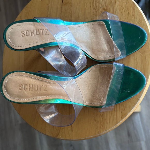 SCHUTZ Iridescent Blue Heels Clear Strappy Design Party Event Women 7B Fairytale - Picture 9 of 9